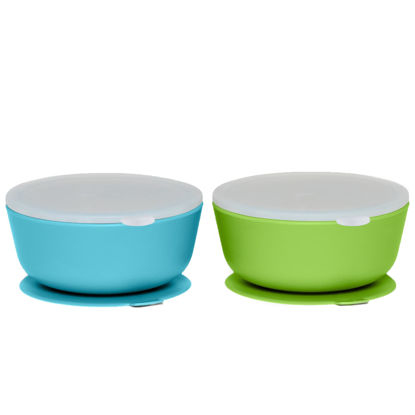 Picture of WeeSprout Suction Bowls for Baby & Toddlers (Set of 2) - 100% Silicone w/Plastic Lid - Leak Proof Feeding Supplies - Dishwasher & Microwave Safe Infant Dinnerware w/Extra Strong Base