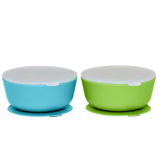 Picture of WeeSprout Suction Bowls for Baby & Toddlers (Set of 2) - 100% Silicone w/Plastic Lid - Leak Proof Feeding Supplies - Dishwasher & Microwave Safe Infant Dinnerware w/Extra Strong Base