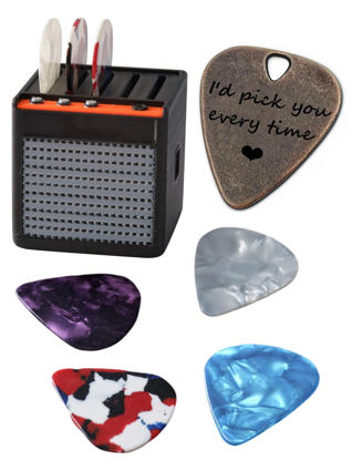 Picture of JUPPE 5Packs Guitar Pick Plectrums with Amp Speaker Holder Organizer Storage Case Metal and Variety Colorful Celluloid Plectrums for Bass Electric Acoustic Guitars Ukulele (Speaker box+5pcs picks)