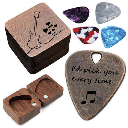 Picture of JUPPE Birthday Gifts For HIm or Her, Bronze I'd Pick You Every Time Guitar Pick With Wood Gift Box Music Gifts For Men Women Boy Girl (Wood Box Set)