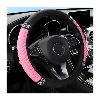 Picture of Osilly Bling Car Steering Wheel Cover, 15 Inch Rhinestones Soft Leather Elastic Steering Wheel Protector, Sparkly Crystal Diamond for Women Girls, Car Interior Accessories for Most Cars (Pink)