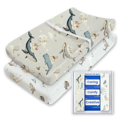 Picture of Changing Pad Cover for Girls Boys, TotBasic Premium Soft Boho Changing Table Covers, Stretchy Jersey Changing Table Sheets - Fits All Standard Changing Tables - 2 Pack (Whale Dreams)