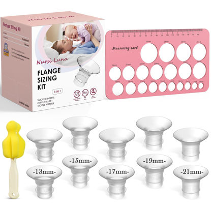 Picture of Nursi Luna Flange Sizing Kit 3 in 1 Ultimate with 10PCS Flange Inserts 13/15/17/19/21mm, Nipple Ruler, Cleaning Brush, Silicone Flange Insert Kit for 24mm Most Pumps, Pumping Breastfeeding Essentials