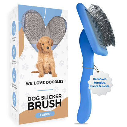 Picture of We Love Doodles Dog Slicker Brush for Grooming Pet Hair - Best Brushes For Poodle & Golden Doodle - Long Haired Brush For Dogs - Goldendoodle Long Pin Brush For Dematting (Large)