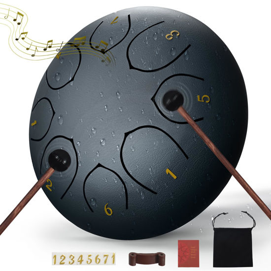 Picture of Rain Drum for Outside,6 Inches 8 Notes Rain Drum for Garden Instrument, Drum Rain Chime Waterproof, Rain Drum Outdoor, with Drum Bag, Music Book, Drum Mallets (Navy Blue)
