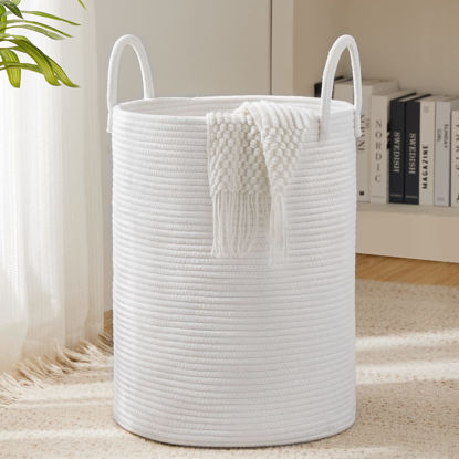 Picture of Woven Rope Laundry Hamper Basket by YOUDENOVA, 72L Tall Luandry Basket, Baby Nursery Hamper for Blanket Storage, Clothes Hamper for Laundry in Bedroom-Large-Pure White