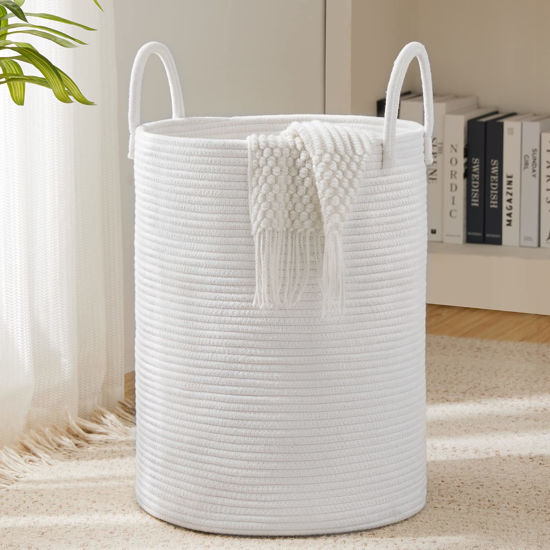 Picture of Woven Rope Laundry Hamper Basket by YOUDENOVA, 72L Tall Luandry Basket, Baby Nursery Hamper for Blanket Storage, Clothes Hamper for Laundry in Bedroom-Large-Pure White