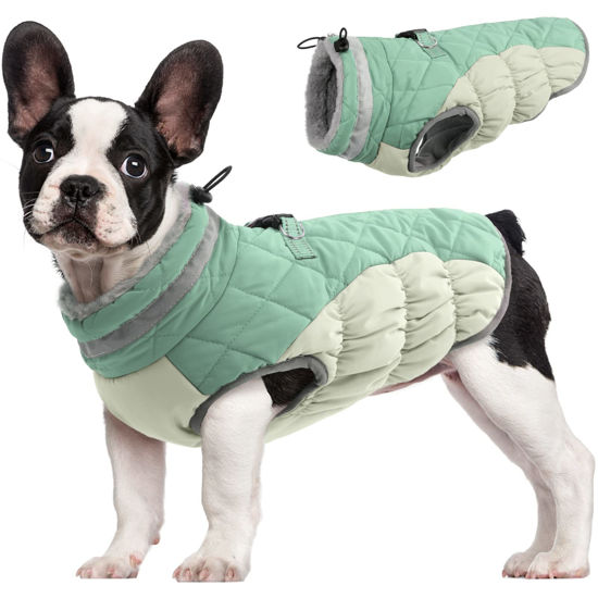 Picture of FUAMEY Dog Winter Jacket,Dog Cold Weather Coats Paded Dog Vest with Harness Built in Pet Warm Clothes Dog Apparel with Back Zipper Dog Water Resistant Coat for Small Medium Large Dogs Mint Green S