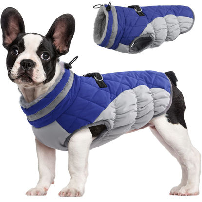 Picture of FUAMEY Dog Coat,Warm Dog Jacket Winter Coat Paded Dog Fleece Vest Reflective Dog Cold Weather Coats with Built in Harness Waterproof Windproof Dog Snow Jacket Clothes with Zipper Blue X-Small
