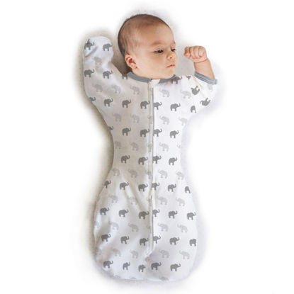 Picture of Amazing Baby Transitional Swaddle Sack with Arms Up Half-Length Sleeves and Mitten Cuffs, Small, 0-3 months, 6-14 lbs, Tiny Elephants, Sterling (Arms Up Swaddle, Transition Swaddle Sleep Sack)