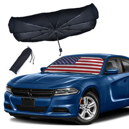 Picture of EcoNour American Flag Carbon Fiber Umbrella Sunshade for Car | Blocks UV Rays and Protects Dashboard from Sun | Foldable Windshield Umbrella Sun Visor Protector | Keeps Your Car Cool (57x31 Inches)