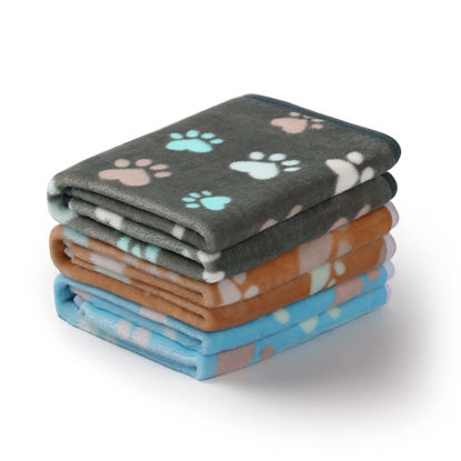 Picture of Luciphia 1 Pack 3 Blankets Fluffy Premium Fleece Pet Blanket Flannel Paw Printed Throw for Dog Cat(Medium 30x20'', Grey/Brown/Blue)