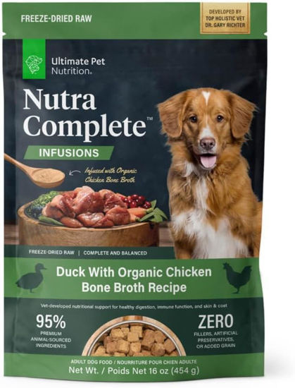 Picture of ULTIMATE PET NUTRITION Nutra Complete Bone Broth Infusions, 100% Freeze Dried Veterinarian Formulated Raw Dog Food with Antioxidants Prebiotics and Amino Acids (1 Pound, Bone Broth Duck)