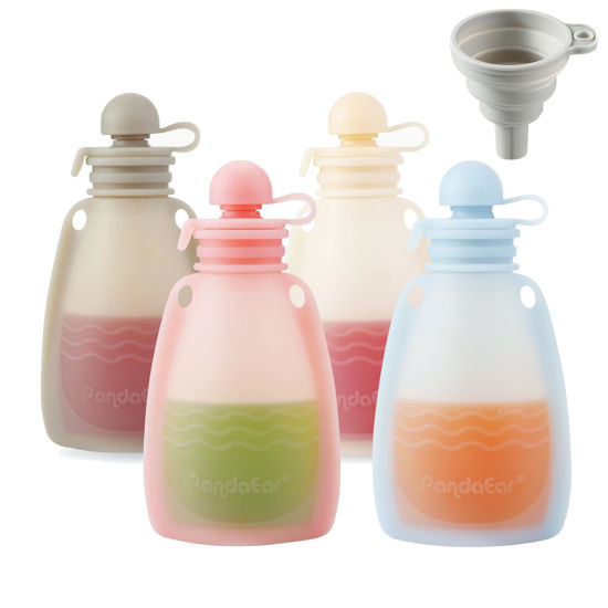 Picture of PandaEar Reusable Silicone Baby Food Pouches, 4 Pack Squeeze Pouches for Toddler Kids, BPA-Free Silicone Refillable Baby Food Storage, 5.5 oz
