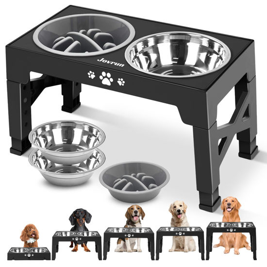 Picture of Jovrun Elevated Dog Bowls, Dog Feeder with 2 Stainless Steel Bowls &1 Slow Feeder Dog Bowls, 5 Heights Adjustable Raised Dog Bowls Stand for Medium Large Dogs, Dog Food Bowls with Non-Slip Feet