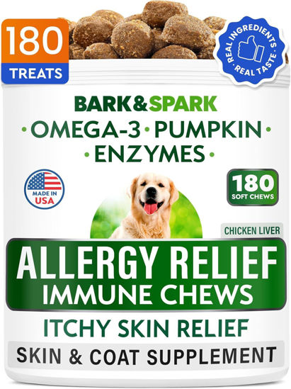 Picture of BARK&SPARK Dog Allergy Relief Chews (180 Treats) - Anti-Itch Skin & Coat Supplement - Omega 3 Fish Oil - Itchy Skin Relief Treatment Pills - Itching&Paw Licking - Dry Skin & Hot Spots - Chicken Liver