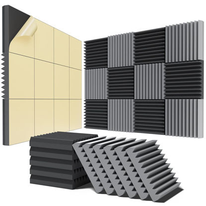 Picture of 12 pack Acoustic Panels Self-Adhesive, 2" X 12" X 12" Quick-Recovery Sound Proof Foam Panels, Acoustic Foam Wedges High Density, Soundproof Wall Panels for Home Studio,Black-Gray-02