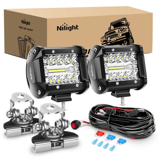 Picture of Nilight 2PC 4Inch Triple Row Lights 60W Flood Spot Combo 6000LM Bar Driving Boat Led Off Road Trucks with Adjustable Pillar Hood Mount Bracket Clamp Holder and Wiring Harness Kit