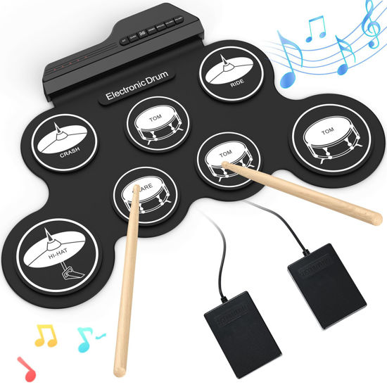 Picture of Rocktata® Electronic Drum Set, 7 Pad Roll-up Drum Kit with Headset Jack, Pedals, Drumsticks, Portable Kids Drum Set Practice Pad for Beginner (No Built-in Speaker)