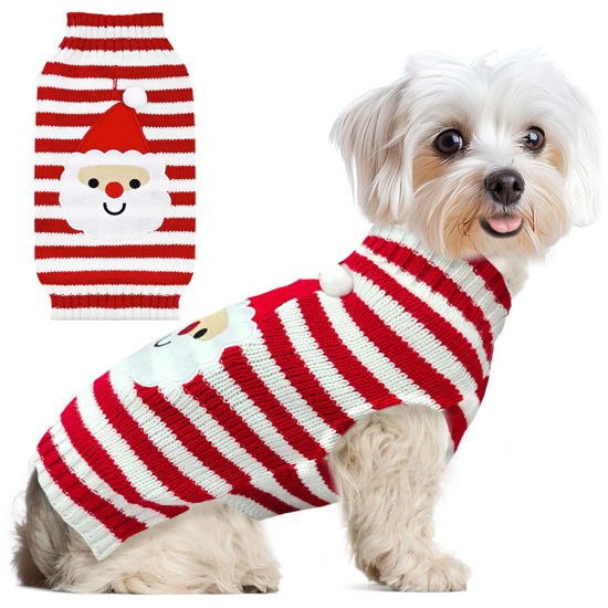 Picture of ABRRLO Dog Christmas Sweater Cute Striped Santa Xmas Dog Cat Outfit New Year Holiday Costumes Puppy Cat Sweater with Leash Hole for Small Medium Large Dogs Girl Boy Turtleneck Winter Warm Pet Clothes