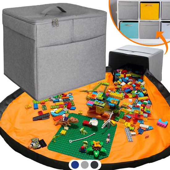 Picture of XL Toy Storage Organizer with Play Mat - Storage Bag/Box for Kids, Boys, Girls, Nursery, Playroom - Basket for Building Bricks/Blocks - Collapsible Fabric Cube Bin, 13"x13"x15"