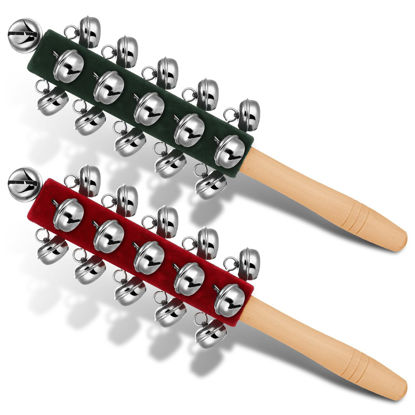 Picture of 2 Pcs Christmas Hand Jingle Bells Wooden Handle Sleigh Bells Christmas Stick Jingle Bells Shaker Rattle Musical Percussion Handheld Bells Holiday Xmas Gifts (red,green)