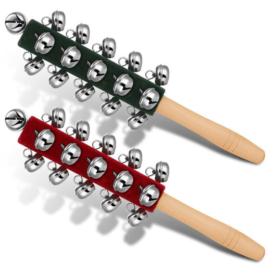 Picture of 2 Pcs Christmas Hand Jingle Bells Wooden Handle Sleigh Bells Christmas Stick Jingle Bells Shaker Rattle Musical Percussion Handheld Bells Holiday Xmas Gifts (red,green)