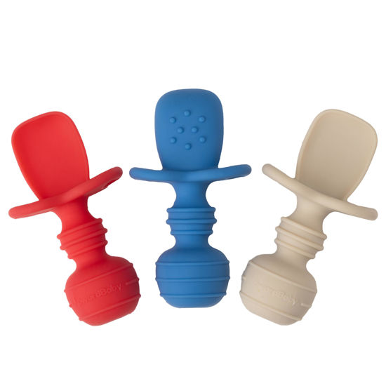 Picture of Upward Baby 3 pack Silicone Baby Feeding Spoon with Anti Choke Barrier - Baby Spoons Self Feeding 6 Months, First Stage Infant Supplies and Toddler Utensils, Baby Led Weaning Soft-Tip Training Spoon