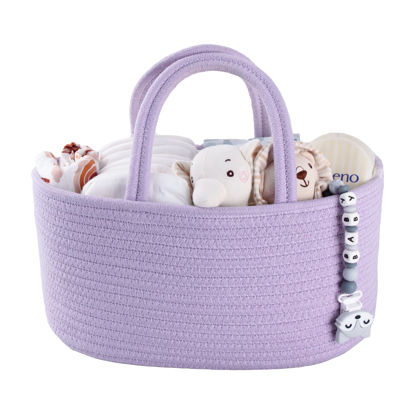 Picture of Baby Diaper Caddy Organizer Cotton Rope Nursery Storage Bin Basket Portable Holder Tote Bag for Changing Table Car Travel Baby Shower Gifts Newborn Essentials Registry Must Have Purple or Lavender
