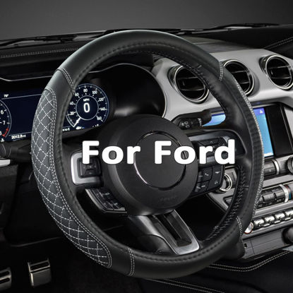 Picture of West Llama Car Steering Wheel Cover for Ford Escape,Explorer,Fusion,Focus,Bronco,Transit,Edge(Diamond Quilted - Black+Gray- Standard Size)