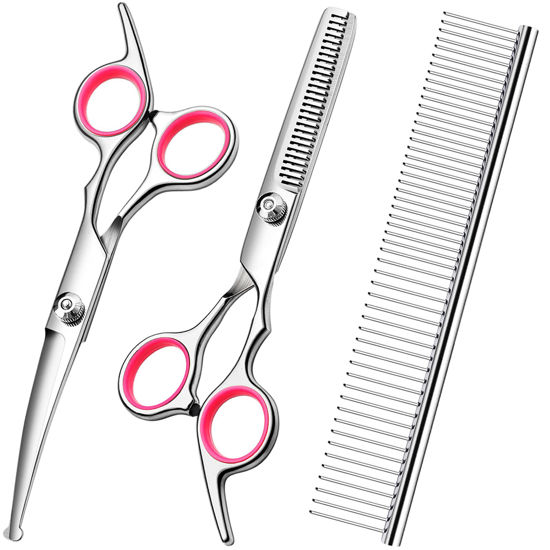 Picture of FAIGEO Dog Grooming Scissors with Safety Round Tips Stainless Steel Professional Dog Grooming Kit - Thinning, Curved Scissors and Comb for Dog Cat Pet (Pink 4 in 1)