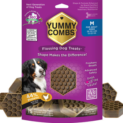 Picture of Yummy Combs - Dog Dental Treats | Removes Tartar - Vet VOHC Approved | A Yummy Treat for Teeth Cleaning - Chicken Protein | for Medium Dogs (12oz, 15 Count)
