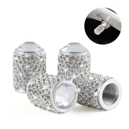 Picture of Alpmosn Car Wheel Tire Valve Caps, 4 PCS Bling Tire Valve Caps, Crystal Tire Caps Shinny Rhinestone for Women, Universal Car Dustproof Tire Valve Caps for Cars, Trucks, SUV and Motorcycles (White)