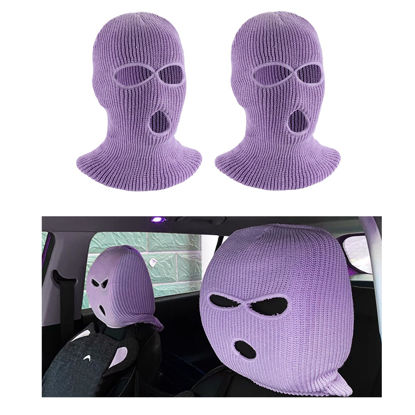 Picture of Suvnie 2 PCS Car Headrest Cover, Personalized Funny Car Seat Full Face Mask, Ski Mask Wrap Protection for Auto Front Seat Rest Decoration, Universal Interior Car Accessories (Light Purple)