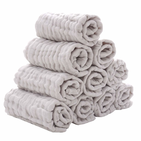Picture of MUKIN Baby Washcloths - Natural Cotton Baby Wipes - Soft Newborn Baby Face Towel for Sensitive Skin- Baby Registry as Shower, 10 Pack 12x12 inches