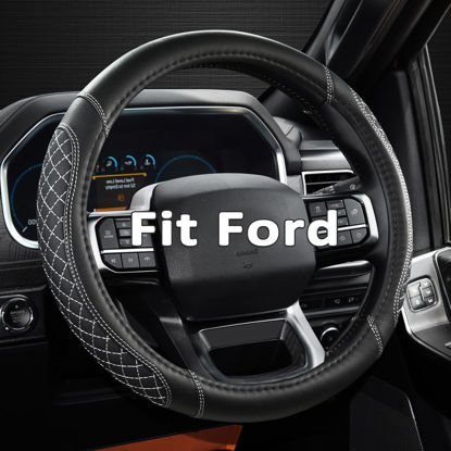 Picture of West Llama Customized Auto Car Steering Wheel Cover for Ford F-150, F-250, F-350, Expedition(Diamond Quilted - Black+Gray)