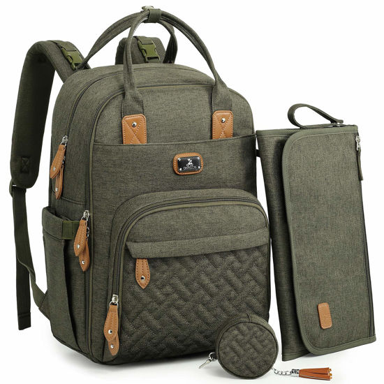 Picture of Dikaslon Diaper Bag Backpack with Portable Changing Pad, Pacifier Case and Stroller Straps, Large Unisex Baby Bags for Boys Girls, Multipurpose Travel Back Pack for Moms Dads, Army Green