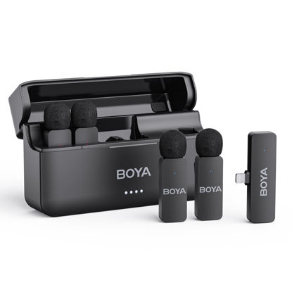 Picture of BOYA BY-V4D Wireless Lavalier Microphone for iPhone iPad with Charging case, 18H Battery Life, 650ft Range, 4-Channel Omnidirectional Noise Canceling Lapel Mics for Video Recording Interview Vlog