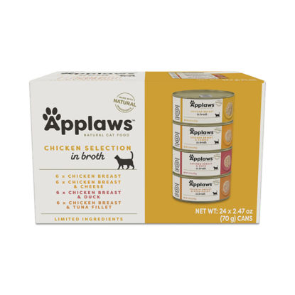 Picture of Applaws Natural Wet Cat Food in Broth, Limited Ingredient Canned Wet Cat Food, Cat Food Variety Pack, Made with Natural Ingredients, Chicken Selection Variety Pack in Broth (24 x 2.47oz Cans)