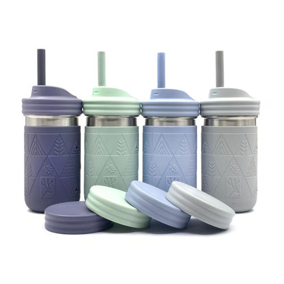 Picture of Elk and Friends Stainless Steel Cups |14 oz Mason Jar design | Kids & Toddler Cups with Silicone Sleeves & Straws with Stopper | Smoothie Cups | Dishwasher Safe