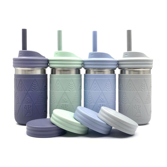 Picture of Elk and Friends Stainless Steel Cups |14 oz Mason Jar design | Kids & Toddler Cups with Silicone Sleeves & Straws with Stopper | Smoothie Cups | Dishwasher Safe