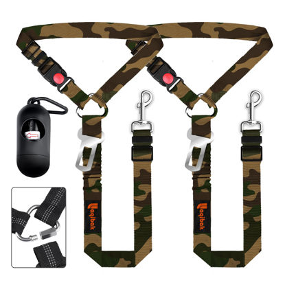 Picture of Removable Dog Seat Belts Harness for Car, 3 in 1 Pet Dog Car Seatbelt Leash, laqibak Restraint Secures to Headrest and Reflective Effect Adjustable Bungee Dog Seatbelt Tether, 2PCS and Poop Bag Holder