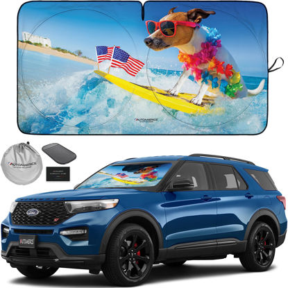 Picture of Autoamerics 1-Piece Windshield Sun Shade - Surf Dog Design Foldable Car Front Window Sunshade for Cars SUV Truck - Heat Blocker Visor Protector Blocks Max UV Rays and Keeps Your Vehicle Cool - Medium