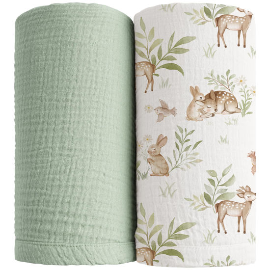 Picture of Konssy 2 Pack Muslin Swaddle Blankets, 100% Cotton Receiving Blanket Large 47 x 47 inches for Baby Boys Girls, Soft Breathable Muslin Baby Blanket for Newborn (Woodland,Sage)