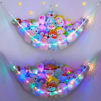 Picture of Unicorn Castle Stuffed Animals Net or Hammock Kids Toy Storage Organizer with LED Light Hanging Corner Stuffed Animals Holder Kids Girls Room Decor(Pack of 2)