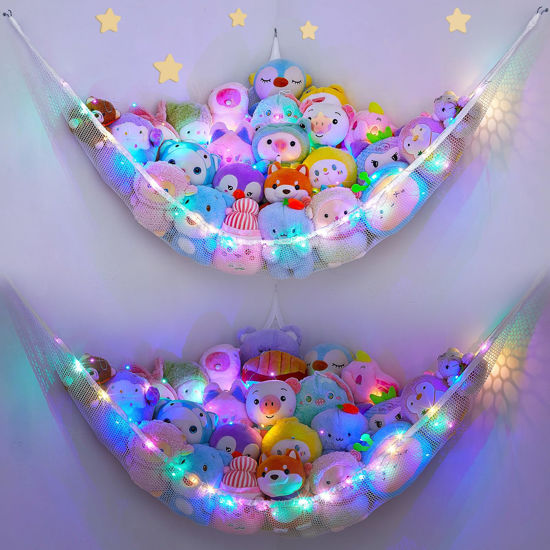 Picture of Unicorn Castle Stuffed Animals Net or Hammock Kids Toy Storage Organizer with LED Light Hanging Corner Stuffed Animals Holder Kids Girls Room Decor(Pack of 2)