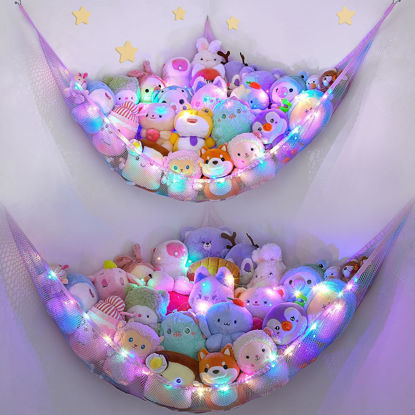 Picture of Unicorn Castle Stuffed Animals Net or Hammock Kids Toy Storage Organizer with LED Light Hanging Corner Stuffed Animals Holder Kids Girls Room Decor(Pack of 2)