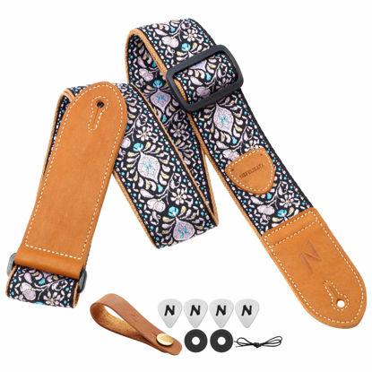 Picture of Nefelibata Guitar Strap,Double leather ends,Vintage Woven W/FREE BONUS-4 Picks+Strap Locks+Strap Button,Best Gift For Bass,Electric&Acoustic Guitars for Guitar(Vintage pink yellow embroidery)