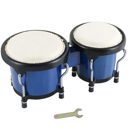 Picture of VANPHY Wood Bongos Drum Set for Beginners Natural Adult Bongo with Tuning Wrench Bongo Drums 4" and 5" Tunable Percussion bongo drum Natural Animal Hides Metal (Blue)