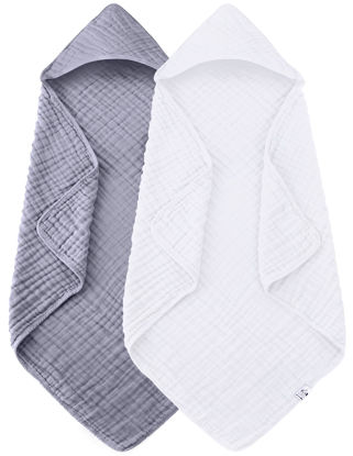 Picture of Spotted Play 2 Pack Hooded Baby Towels - 100% Muslin Cotton for Newborns, Infants, Toddlers - Large 32x32Inch Size - Highly Absorbent and Essential for Newborn Care, White and Grey